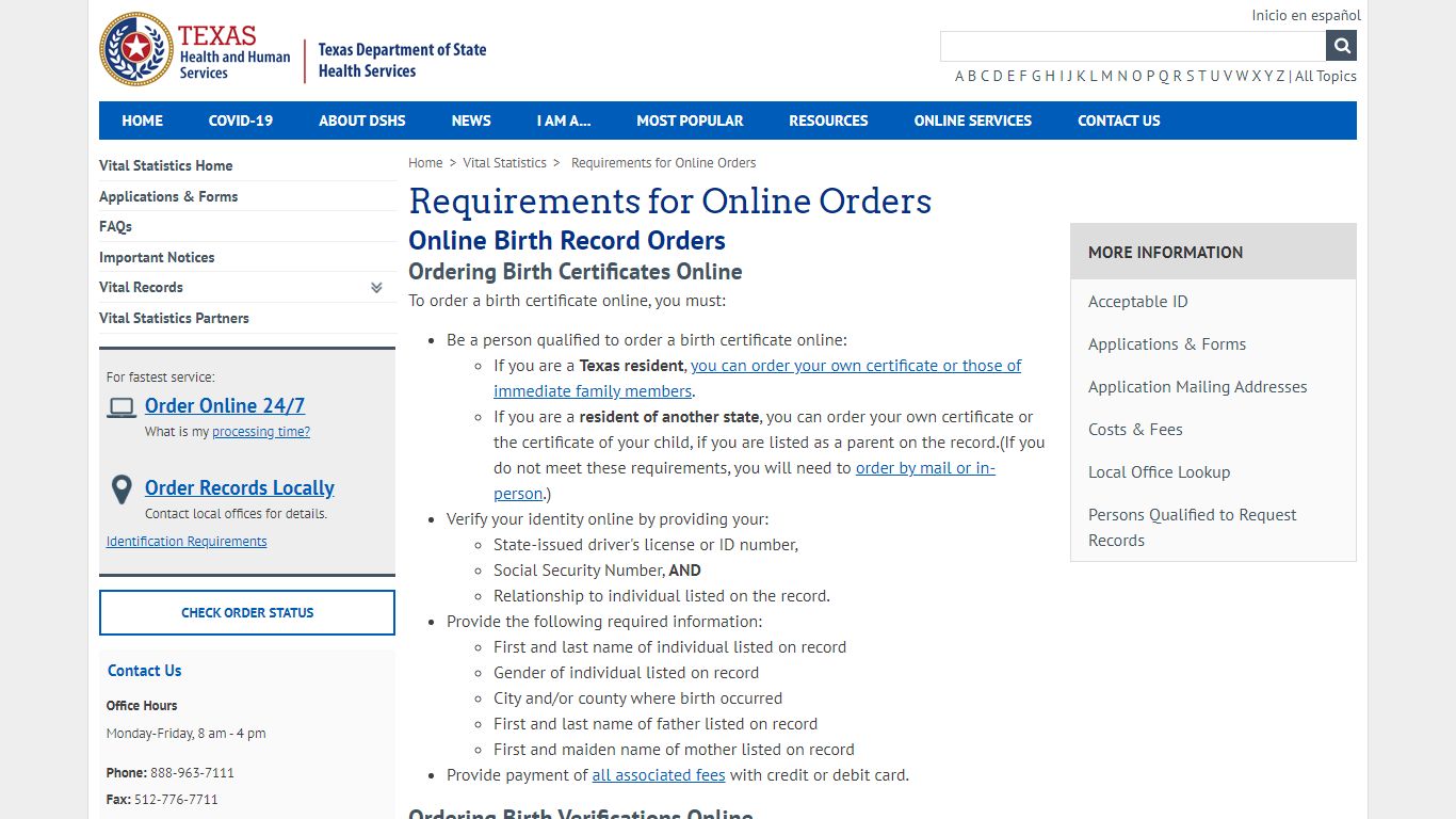 Requirements for Online Orders - Texas Department of State Health Services